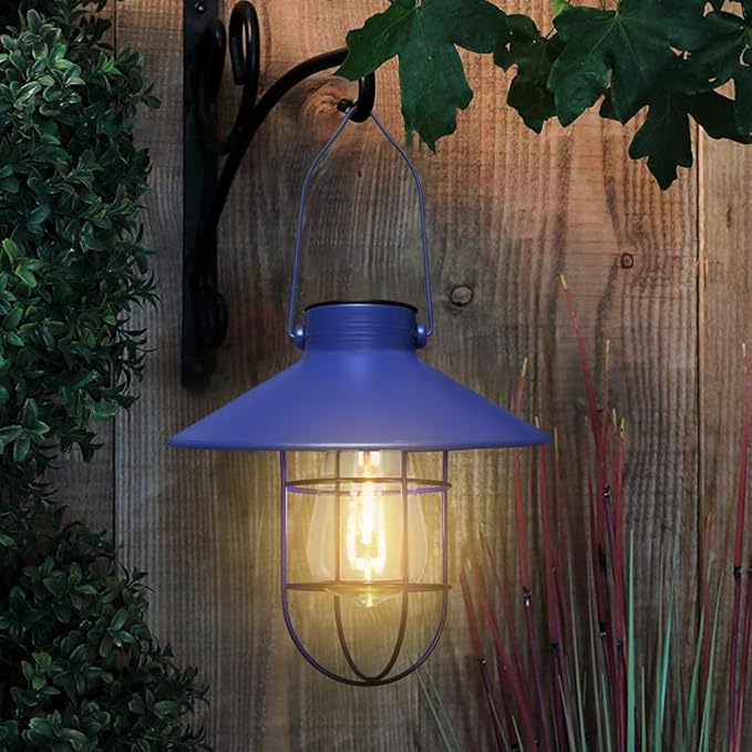 pearlstar Solar Lantern Outdoor Hanging Light Metal Farmhouse Solar Lamp with Warm White Edison Bulb Design for Garden Yard Patio Proch Decor(Blue)