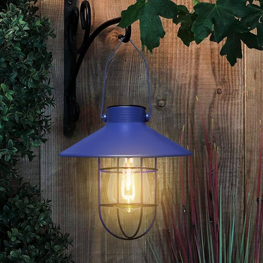 pearlstar Solar Lantern Outdoor Hanging Light Metal Farmhouse Solar Lamp with Warm White Edison Bulb Design for Garden Yard Patio Proch Decor(Blue)