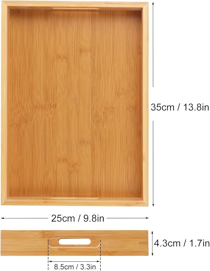2 Pack Large Bamboo Serving Tray with Handles, 14 x 10 inch Wooden Dinner Tray, Home Kitchen Breakfast Trays for Living Room Bedroom Kitchen Dinner Table, Picnic