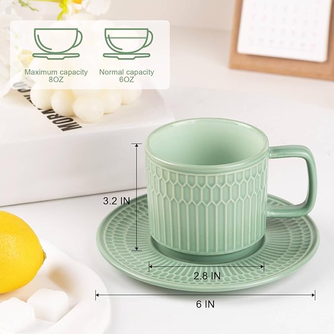 Large Cappuccino Cups with Saucers Set of 4, 8 Ounce Stackable Embossed Ceramic Coffee Mugs for Specialty Coffee Drinks, Latte, Cafe Mocha and Tea, Dishwasher & Microwave Safe (Green)