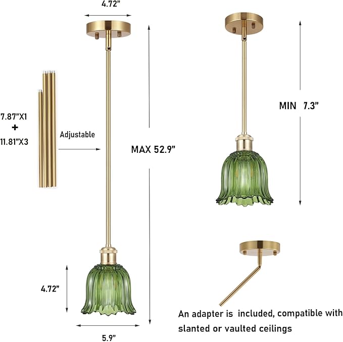 Modern Gold Pendant Light 3 Pack Brushed Brass Mid Century Chandelier Green Glass Shades Adjustable Rods Farmhouse Ceiling Hanging Lighting Fixture Kitchen Island Dining Room Bedroom
