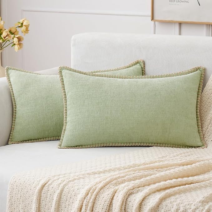 MIULEE Pack of 2 Couch Throw Pillow Covers 12x20 Inch Light Green Farmhouse Decorative Pillow Covers with Stitched Edge Soft Chenille Solid Dyed Spring Pillow Covers for Sofa Bed Living Room