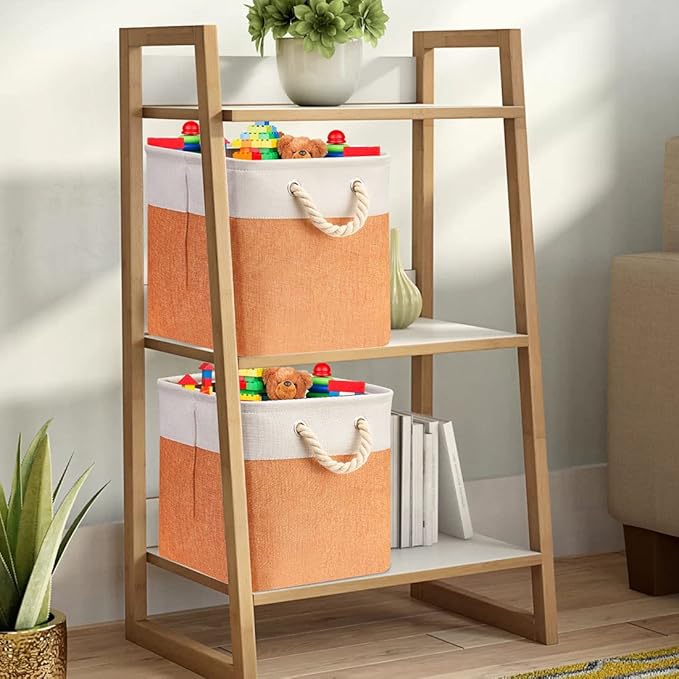 i BKGOO 3Pack Large Foldable Storage Bins，Collapsible Sturdy Cationic Fabric Organizing Storage Basket Cube with Cotton Handles for Home Office Shelf Clothes Toys Beige-Orange 13×13×13 inch