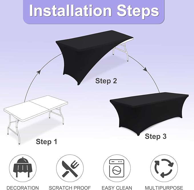 ABCCANOPY 4 Pack 6 FT Black Spandex Table Cover Stretch Fitted Wrinkle Resistant Tablecloth Reuse for Rectangular Folding Table Patry Event Wedding Banquet Protector