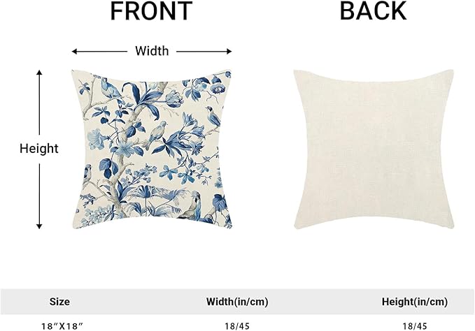 CXMEIFLY Navy Blue Spring Floral Pillow Covers 18 x 18 Inch Set of 2 for Chinoiserie Flowers Bird Decor Throw Pillows Vintage Plant Outdoor Decorative Cushion Cases for Couch Bed Decorations