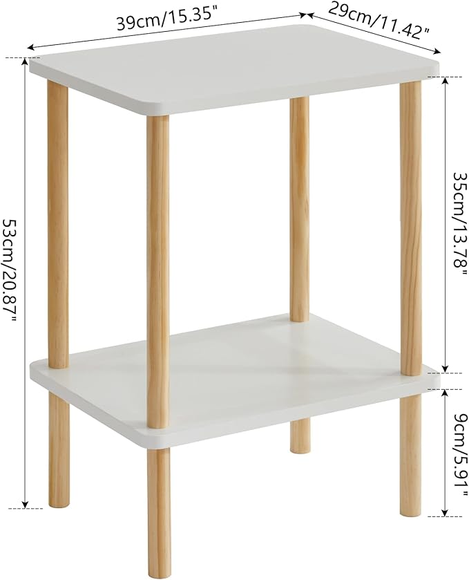 IBUYKE 2-Tier Side Table, Solid Wood Tall End Table with Storage Shelves, Nightstand Bedside Table for Living Room Bedroom Office, No-Tool Assembly, White UWST002W