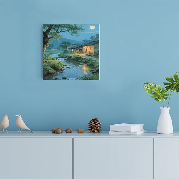 Moonlight under the big tree creek cabin scenery is suitable for posting in the living room bedroom office scenery poster wall painting