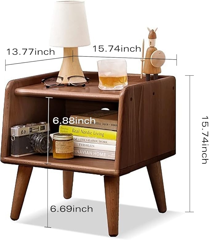 Small Nightstand, 100% Solid Oak Wood Bedside Table, Mid Century Modern Nightstand with Open Storage,Storage Cabinet for Bedroom (2pc Walnut Color)