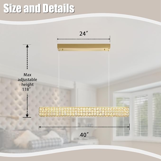 Rectangle Crystal Chandelier Modern Gold Crystal Chandelier Rectangular Pendant Lighting Fixture for Dining Room Kitchen Island Bedroom (L 40")