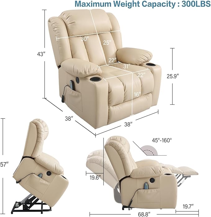 PARKOL Power Lift Recliner Chair for Elderly Breathable Leather Recliner Chair with Massage and Heat,2 Cup Holders,Electric Stand Assist,USB Ports,Gifts for Family (Grey)
