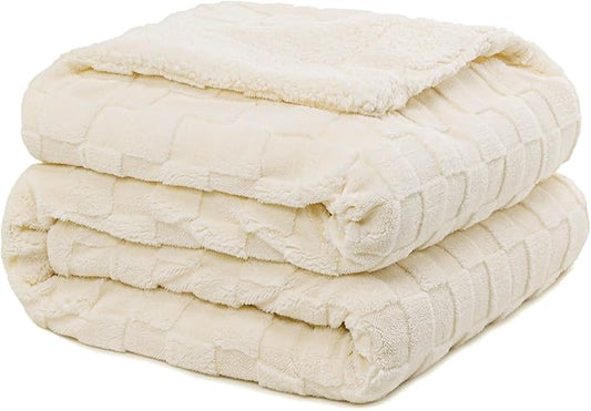 Pawque Super Soft Cozy Throw Blanket Twin Size for Couch Bed, Fluffy Sherpa Fleece Reversible Thick Warm Fuzzy Blanket for All-Season, 3D Checkered Jacquard Decorative Blanket, Cream White, 60" x 80"