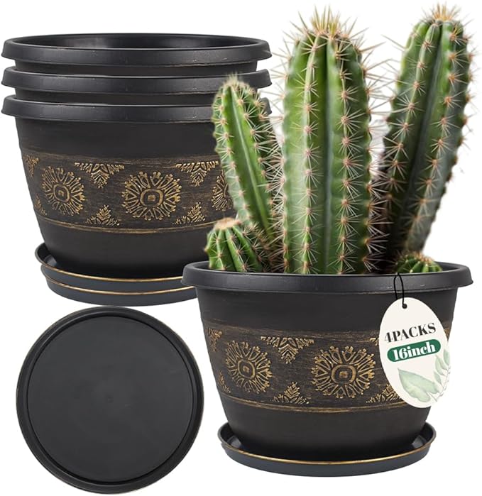 4 Pack 16 inch Plant Pots, Retro Pattern Planters with Drainage Holes and Saucer, Sturdy Plastic Garden Flower Pots for Indoor & Outdoor Plants