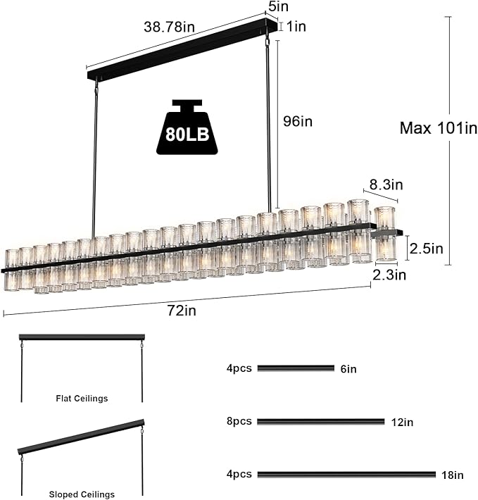 Crystal Black Rectangular Chandelier Light Fixture,72 in Large Dining Room Chandelier Over Table,Modern Chandeliers for Living Room,Arcachon Chandeliers,Kitchen Island,Includes 80xG4 Bulbs
