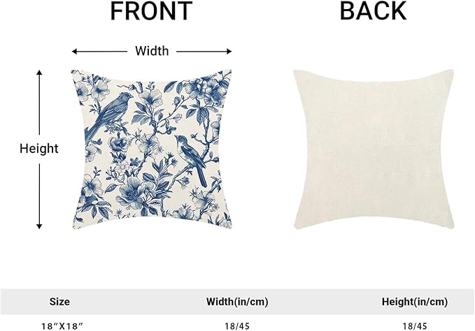 Navy Blue Spring Floral Pillow Covers 18 x 18 Inch Set of 2 for Chinoiserie Vintage Flowers Bird Decor Throw Pillows Plant Farmhouse Outdoor Decorative Cushion Cases for Couch Bed Decorations