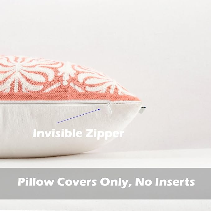 HWY 50 Pink Decorative Lumbar Pillow Cover Rectangle 12x20 Inch (1 Piece), Embroidered Cotton Farmhouse Cushion Cover Pillow Case for Sofa Couch Living Room Bed, Minimalist Floral