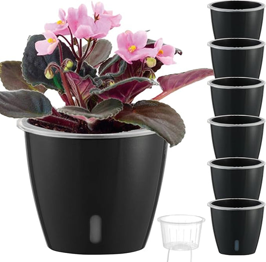 Self-Watering Pots for Indoor Plants, 6-Pack 6.7'' Self Watering Planter with Drainage Holes, Small African Violet Pots with Water Indicator, Clear Wick Pot, Black