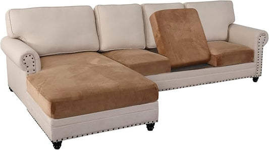 PrinceDeco Sectional Couch Covers 4 Pieces Couch Covers for Sofa Velvet Separate Couch Cover L Shape for Left/Right Chaise(3 Seater + 1 Chaise,Camel)