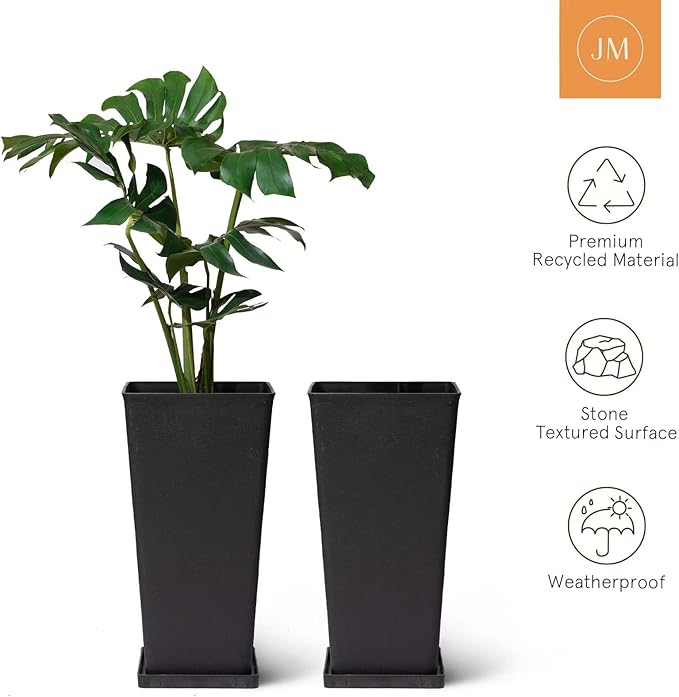 La Jolíe Muse Tall Planters 20 Inch, Flower Pot Pack 2, Patio Deck Indoor Outdoor Garden Tree Planters (Black)