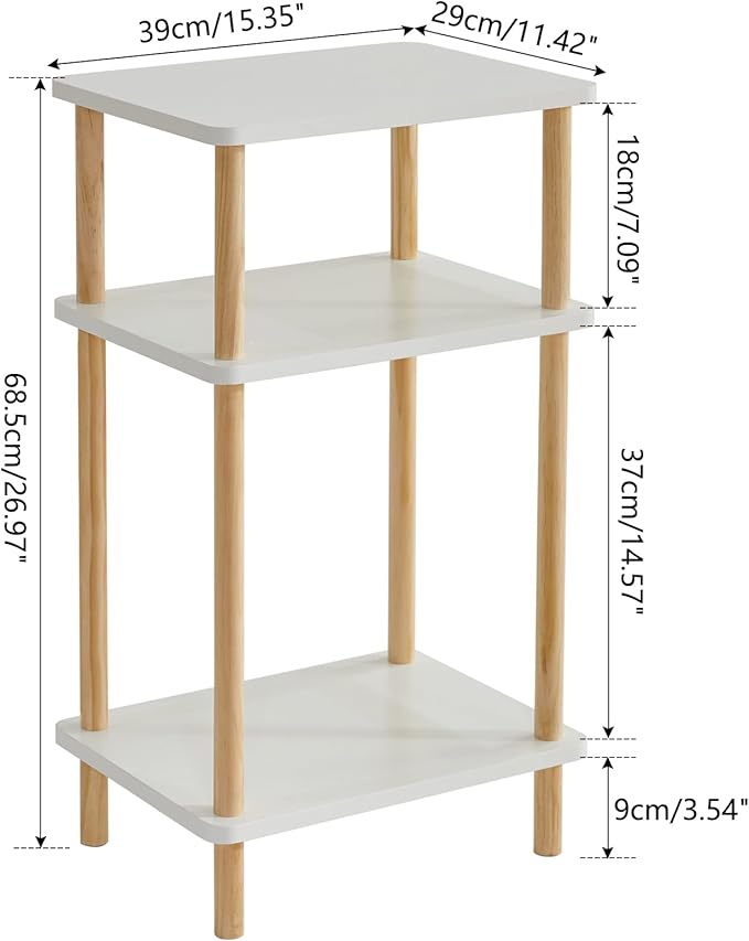 IBUYKE 3-Tier Side Table, Solid Wood Tall End Table with Storage Shelves, Nightstand Bedside Table for Living Room Bedroom Office, No-Tool Assembly, White UWST003W