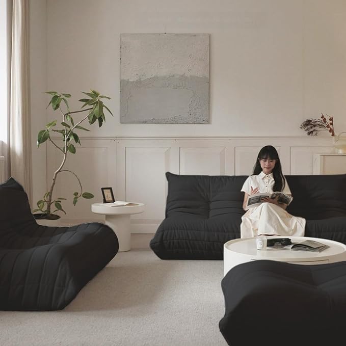 Luxury Sofa Couch Chair, Lazy Floor Seating, Fireside Bean Bag Chair, Ergonomic Tatami Sofa Lounger for Living Room, Bedroom, Office, 3 Seat, Black