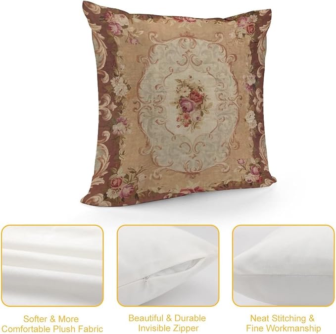 RURALS Antique Rose Floral French Aubusson Rug Decorative Pillow Covers Cozy Soft Throw Pillowcase Square Couch Cushion Cover for Home Decor Sofa Living Room Bed Car 18x18 Inch