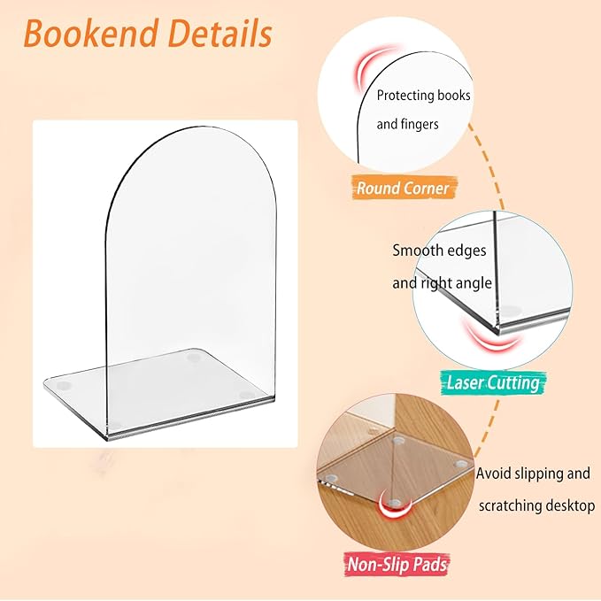Lulonpon 4 Pieces Book Ends, Bookends, Books End for Shelves, Books End for Heavy Books, Clear Bookends, Acrylic Book Ends for School, Library,Desktop Organizer and Book Shelves