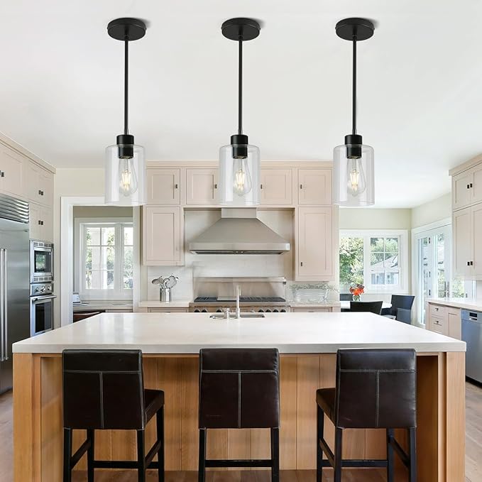Black Pendant Lights Kitchen Island,Modern Farmhouse Glass Pendant Light,Light Fixture Kitchen Pendant Mini Hanging Light Fixture for Sink (Black 2 Pack Stem Rod)