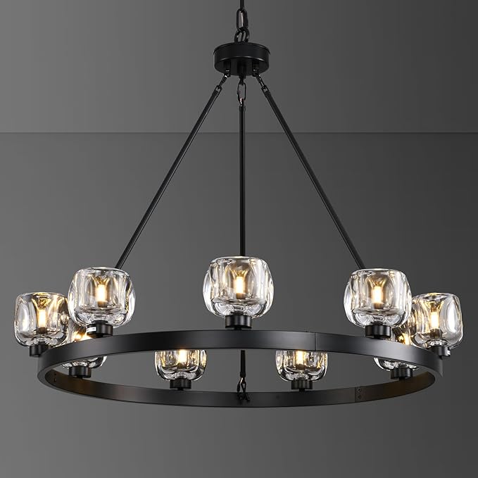 Black Wagon Wheel Chandelier, 36 Inch Black Chandeliers with Unique Glass Shade, 9-Light Crystal Farmhouse Wagon Wheel Chandeliers for Dining Room, Round Chandelier for Living Room, Foyer, Entryway