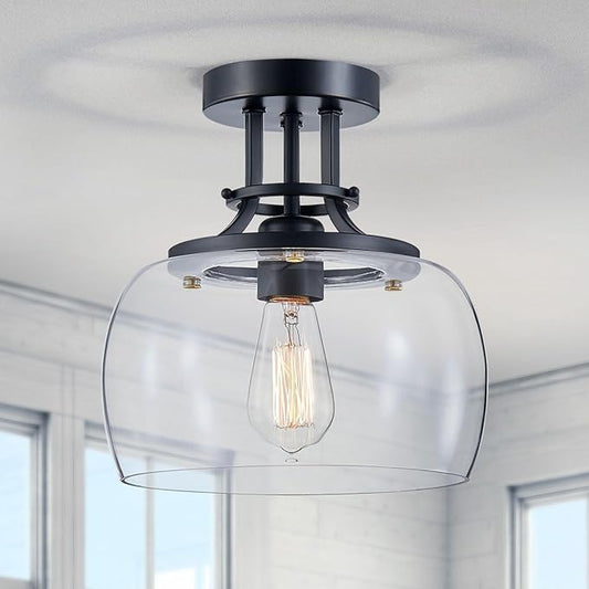 WUZUPS Chandelier Rustic Farmhouse Industrial Round Semi-flushmount Ceiling LED Light Fixture with Clear Glass Shades for Bathroom Kitchen Foyer Entryway, H 10" x W 10", E26 Base, Black