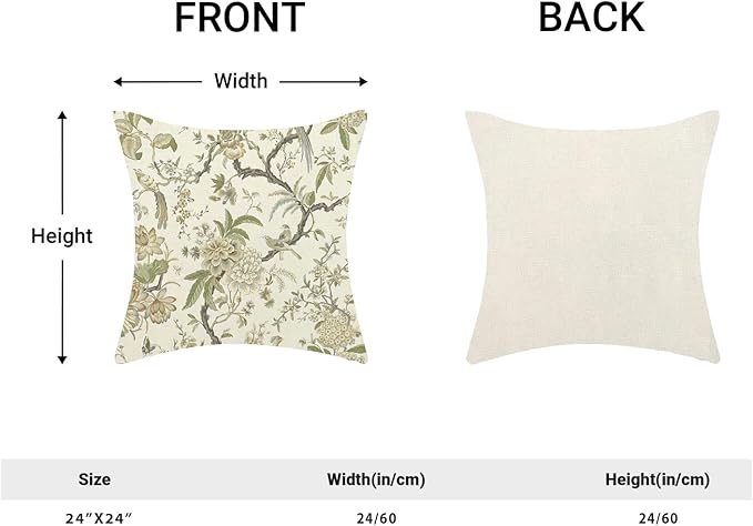 CXMEIFLY Spring Floral Birds Pillow Covers 24 x 24 Inch Set of 2 for Chinoiserie Flowers Decor Throw Pillows Sage Green Plant Outdoor Decorative Cushion Cases for Couch Bed Decorations