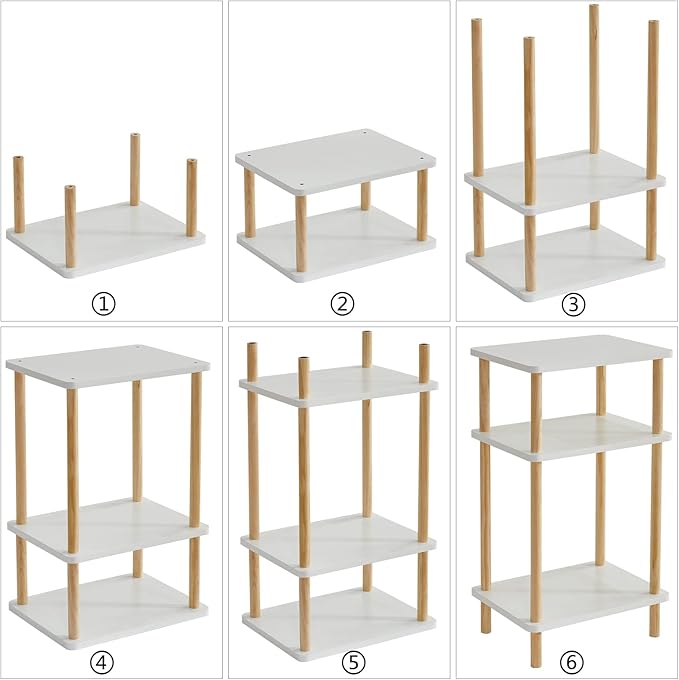 IBUYKE 3-Tier Side Table, Solid Wood Tall End Table with Storage Shelves, Nightstand Bedside Table for Living Room Bedroom Office, No-Tool Assembly, White UWST003W