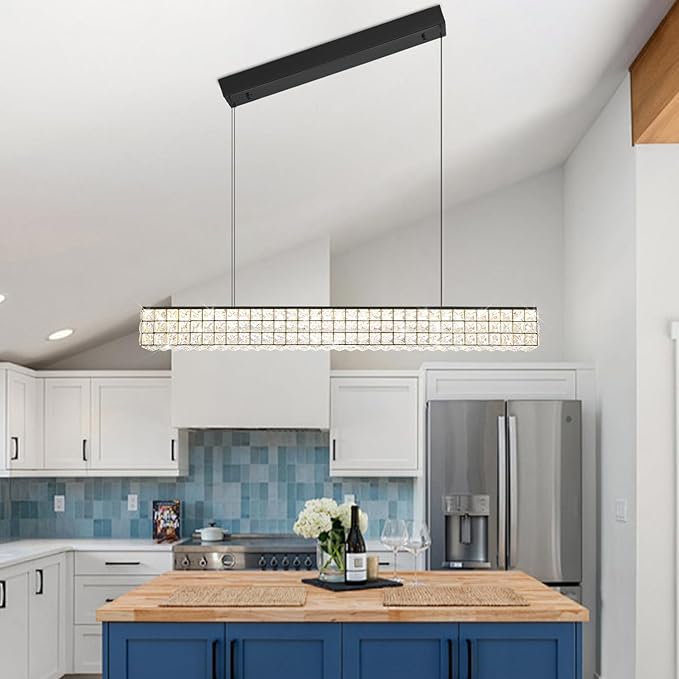 Rectangle Crystal Chandelier Modern Crystal Chandelier Black Rectangular Pendant Lighting Fixture for Dining Room Kitchen Island Bedroom (L 40")