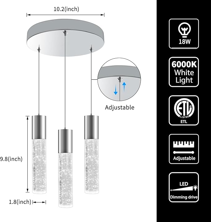 OKELI Dimmable LED 3-Light Pendant Light for Kitchen Island, 18W 1350LM Modern Bubble Crystal Island Light Fixture,6000K, Electro-Chrome, Easy Installation, Round