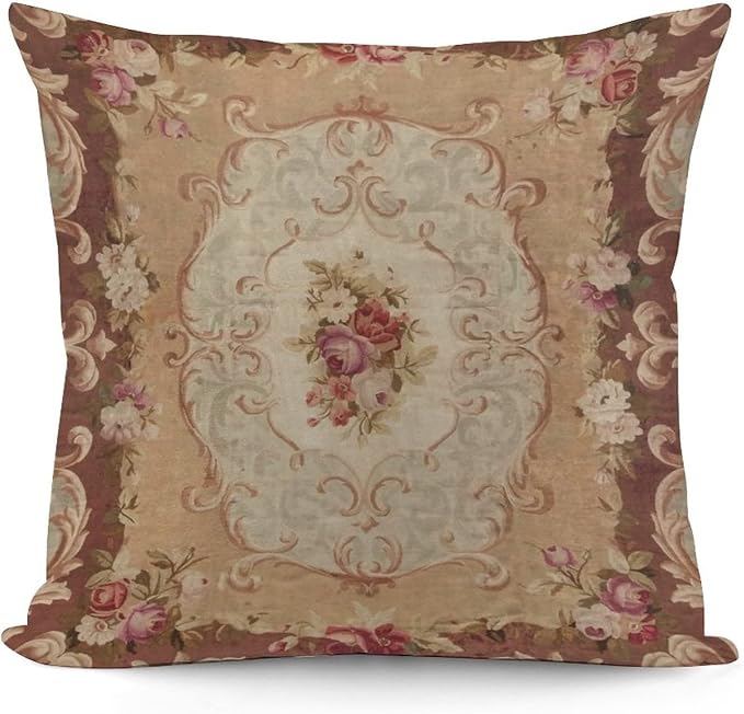RURALS Antique Rose Floral French Aubusson Rug Decorative Pillow Covers Cozy Soft Throw Pillowcase Square Couch Cushion Cover for Home Decor Sofa Living Room Bed Car 18x18 Inch