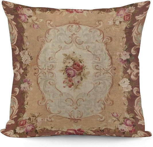RURALS Antique Rose Floral French Aubusson Rug Decorative Pillow Covers Cozy Soft Throw Pillowcase Square Couch Cushion Cover for Home Decor Sofa Living Room Bed Car 18x18 Inch