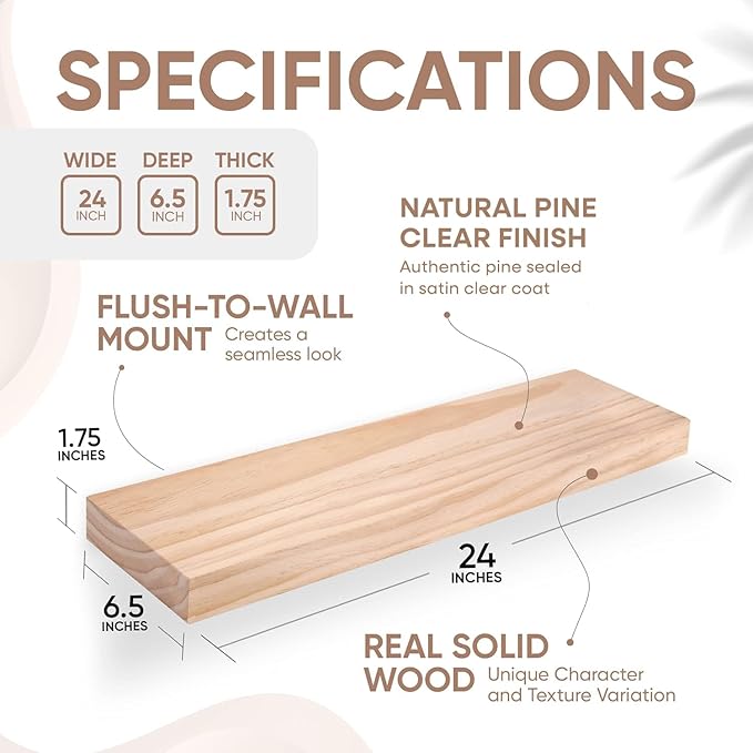Homeforia 24 inch Natural Floating Shelf, High End Solid Real Wood 24inch Small Floating Shelves for Wall Mounted, Natural Wooden Floating Shelves, Heavy Duty Bracket, 24 X 6.5 X 1.75 in, Set of 3