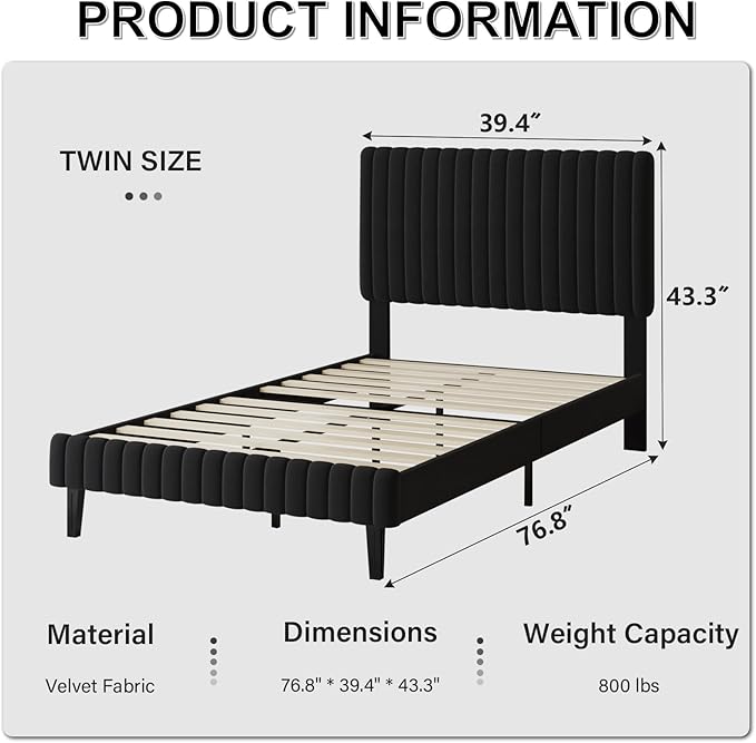 Twin Bed Frame, Velvet Upholstered Platform Bed with Vertical Channel Tufted Headboard and Footboard, No Box Spring Required, Easy Assembly, Black