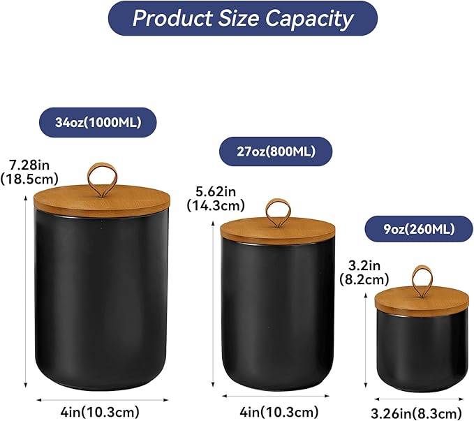 Ceramic Storage Jars, Modern Elegant Highly Polished Airtight Gorgeous Storage Canisters with Wooden Lid Small Food Stroage Jar for Kitchen Spice Tea Vanilla Sugar Coffee Beans (Black trumpet)