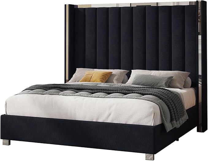 Jocisland Queen Size Bed Frame with 58" Tall Headboard, Velvet Upholstered Platform Bed with Channel Tufted Wingback Headboard and Plating Trim, No Box Spring Needed, Black