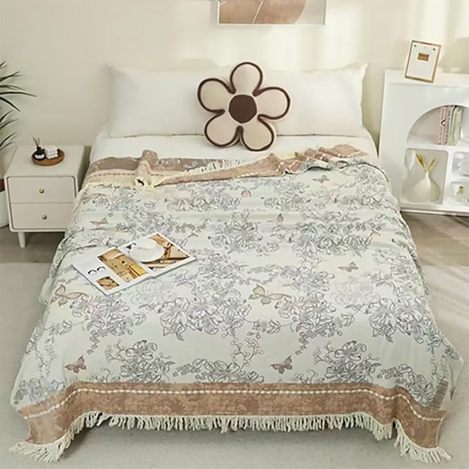Boho Muslin Blanket for Adults 4-Layer Gauze Twin Size Soft Cozy 100% Cotton Summer Cooling Blanket Floral Decor for Sofa Bed Coverlet Both Sides (Tassels Floral Tan, 80 x 90 in)