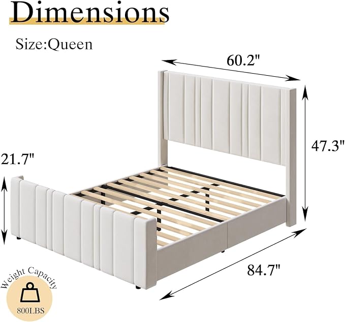 HOMBCK Queen Bed Frame Upholstered Platform Bed with Vertical Channel Tufted Headboard & Footboard, Wingback Design/Noise Free/No Box Spring Needed/Easy Assembly, Cream