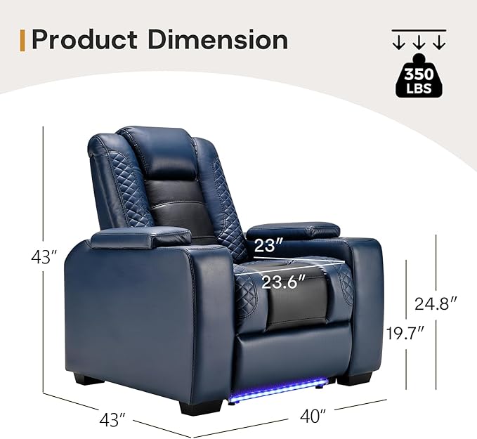 ANJ Power Home Theater Seating Set of 3, Blue Faux Leather Electric Recliner Chair with Powered Headrest, Dual Motors Movie Reclining Chairs with LED Lights,USB Port,Cup Holders, Hidden Arm Storage