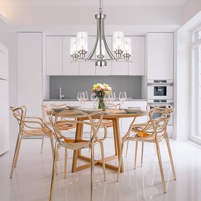 BONLICHT 5 Lights Traditional Chandelier Brushed Nickel Kitchen Island Dining Room Lighting Fixtures Hanging Seeded Glass Pendant Light Modern Flush Mount Ceiling Light for Living Room Bedroom Foyer