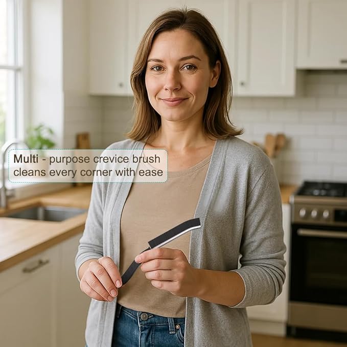 [7-Pack] Hard Bristle Crevice Cleaning Brush - Grout & Gap Crevice Brush for Window Tracks, Bathroom Corners, Kitchen Sink -Ergonomic Curved Handle Protects Hands, Cleaning Products Essential