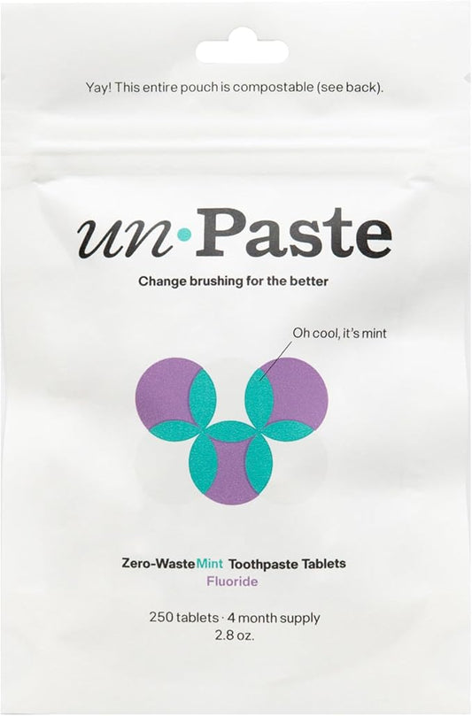 New Formula, Unpaste Toothpaste Tablets, Fluoride Mint, Xylitol Free, Vegan, Plastic Free, Travel-Friendly, Resealable Packet, 250ct, 4 Month Supply
