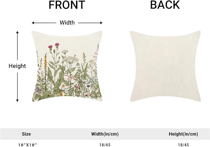Spring Floral Pillow Covers 18 x 18 Inch Set of 2 Vintage Sage Green Wild Flowers Decor Throw Pillows Wildflower Plant Outdoor Farmhouse Decorative Cushion Cases for Couch Bed Sofa Decoration