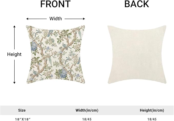 CXMEIFLY Chinoiserie Spring Pillow Covers 18 x 18 Inch Set of 2 for Blue Sage Green Vintage Flowers Bird Decor Throw Pillows Plant Farmhouse Outdoor Decorative Cushion Cases for Couch Bed Decorations