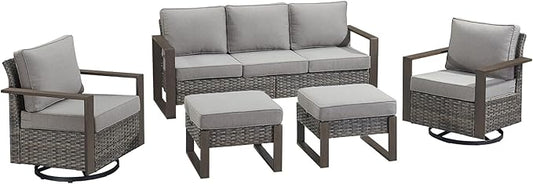 Outdoor Wicker Patio Furniture Set - 5 Piece Patio Conversation Set with 2 Wicker Swivel Rocker Chairs,2 Rattan Ottoman and 1 Couch,Thick Cushions,Deep Seating,Wide Armrest(Mixed Grey/Grey)