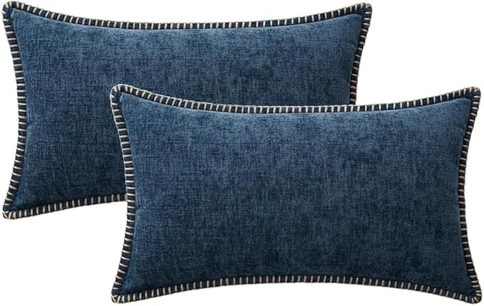 MIULEE Pack of 2 Couch Throw Pillow Covers 12x20 Inch Navy Blue Farmhouse Decorative Pillow Covers with Stitched Edge Soft Chenille Solid Dyed Spring Pillow Covers for Sofa Bed Living Room