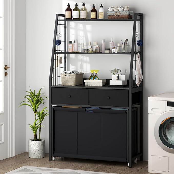Laundry Hamper Laundry Basket with 3 Section Pull-Out Rolling Bags & 2-Tier Storage Shelf, Laundry Sorter for Organization and Storage with 2 Drawers for Laundry Room, Bathroom